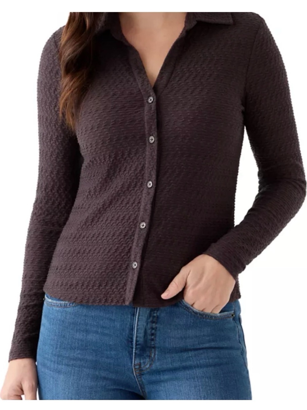 Sanctuary Textured Button-Front Collared Top - Brown